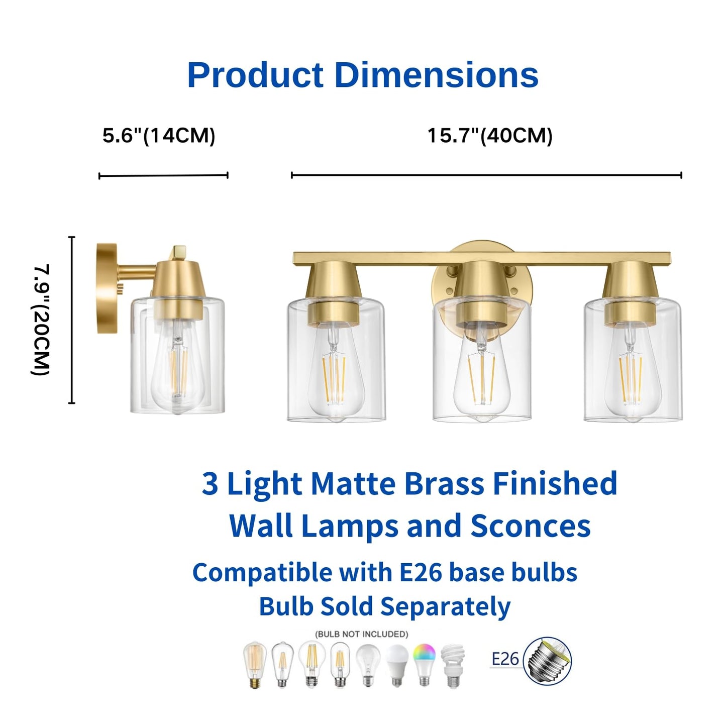 CRAFTRONOS Modern Wall Sconces Lighting with Brass Finished Clear Glass Shade, Matte Gold 3 Vanity Light Over Mirror, Industrial Bathroom Light