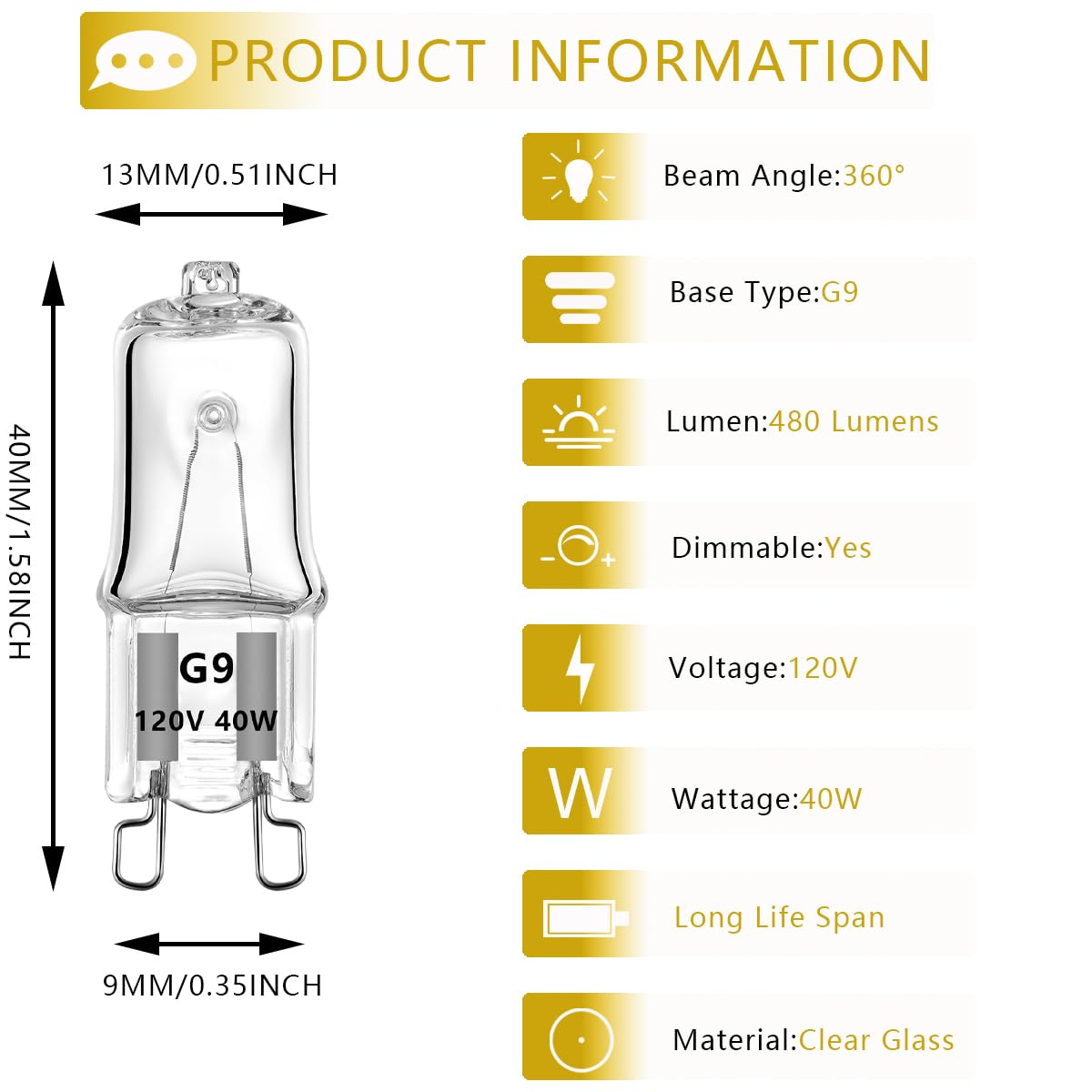 YBEK G9 Halogen Bulb 40W 120V T4 JCD Type G9 Base 2 Pin Light Bulb for Range Hood Lights, Bathroom Light Bulbs, Microwave Ovens Candle Warmer Light