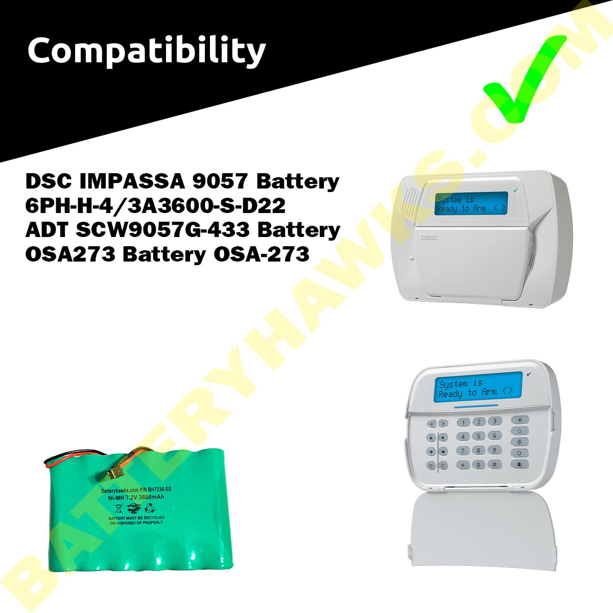 DSC IMPASSA 9057 Battery 6PH-H-4/3A3600-S-D22 7.2v 3600mAh Ni-MH Wireless Security System ADT SCW9057G-433