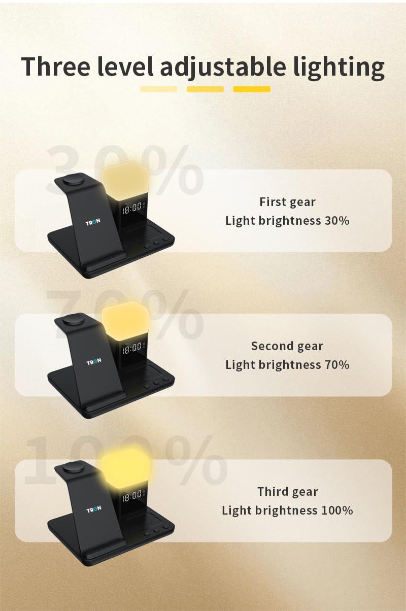 Tron Multifunction, 6 in 1- Wireless Charger Fast Charging for iPhone, Apple Watch & Airpods with Lamp & Clock TR20 Model