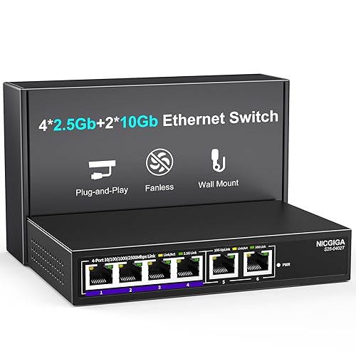 10Gbe Ethernet Switch Unmanaged with 2 x 10Gb RJ45 Ports ? 4 x 2.5Gb Base-T Ports, Desktop/Wall Mount NICGIGA 6 Port 10Gbps Network Switch