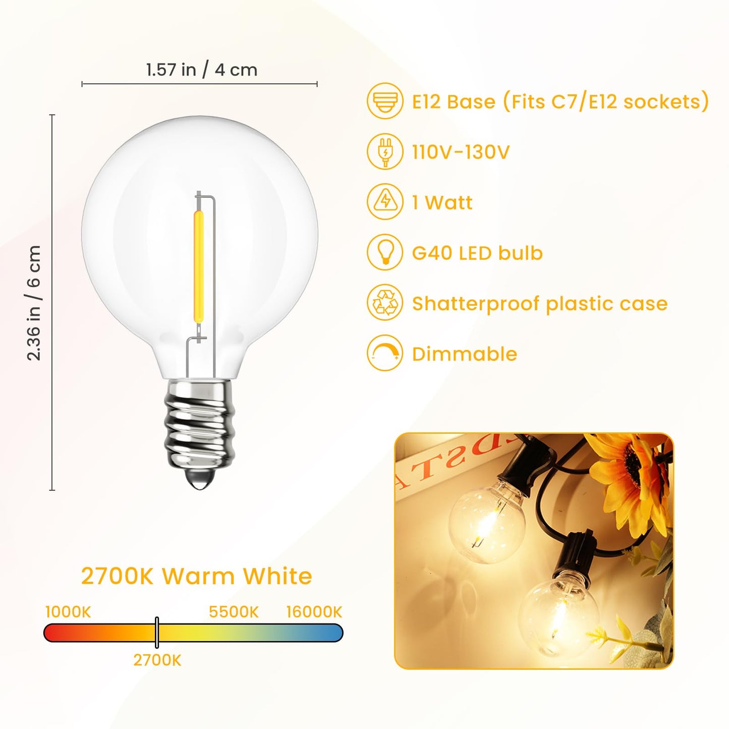 Svater G40 LED Replacement Bulbs for Outdoor String Lights, 75 Pack Dimmable Shatterproof Globe Bulbs, E12/C7 Screw Base Edison Light Bulbs for Indoor