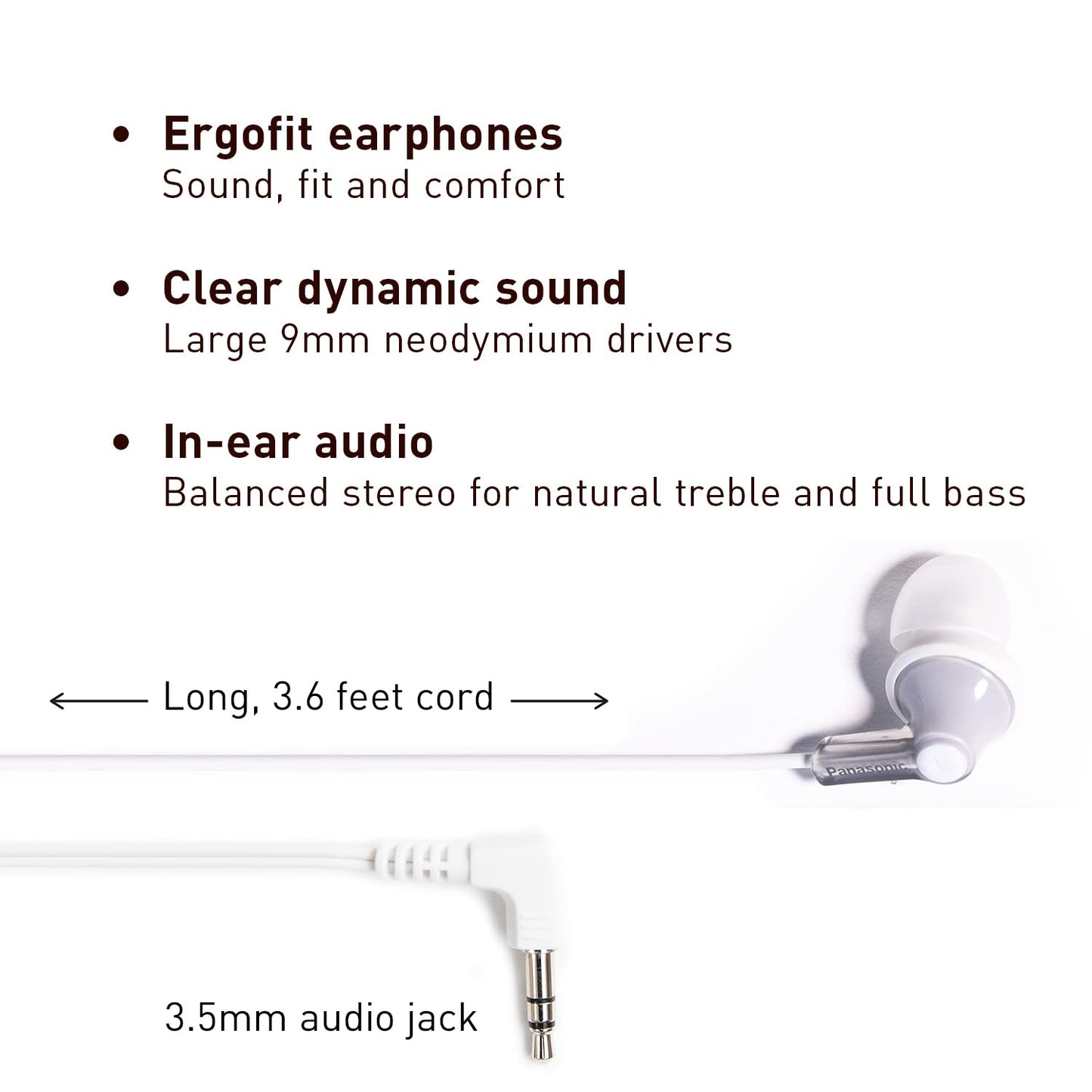 Panasonic ErgoFit Wired Earbuds, In-Ear Headphones with Dynamic Crystal-Clear Sound and Ergonomic Custom-Fit Earpieces (S/M/L), 3.5mm Jack for Phones