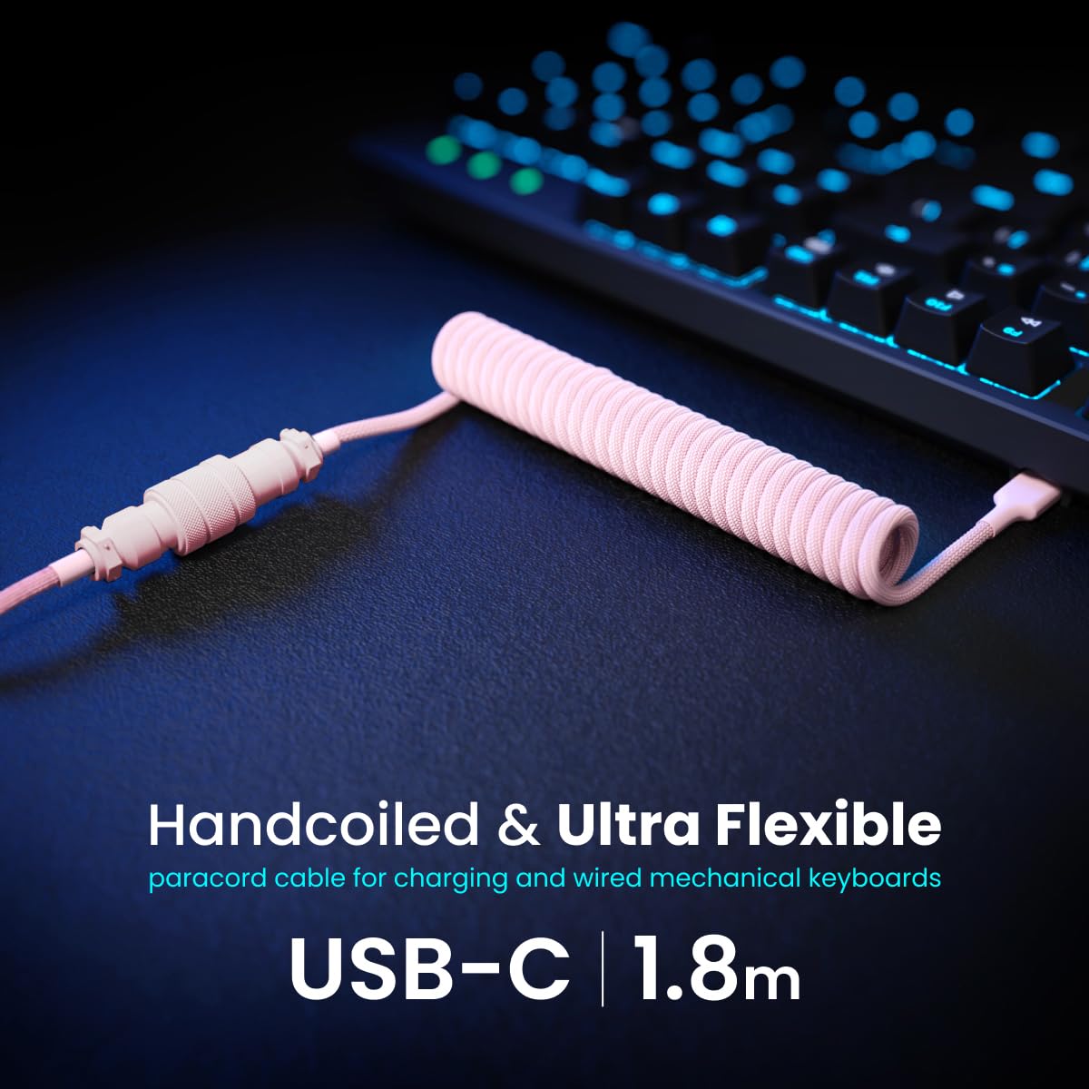 PWNAGE Ultra Custom Coiled Aviator USB C Cable for Gaming Keyboard, Double-Sleeved Mechanical Keyboard Cable with Detachable Metal Aviator, 1.8M USB-A