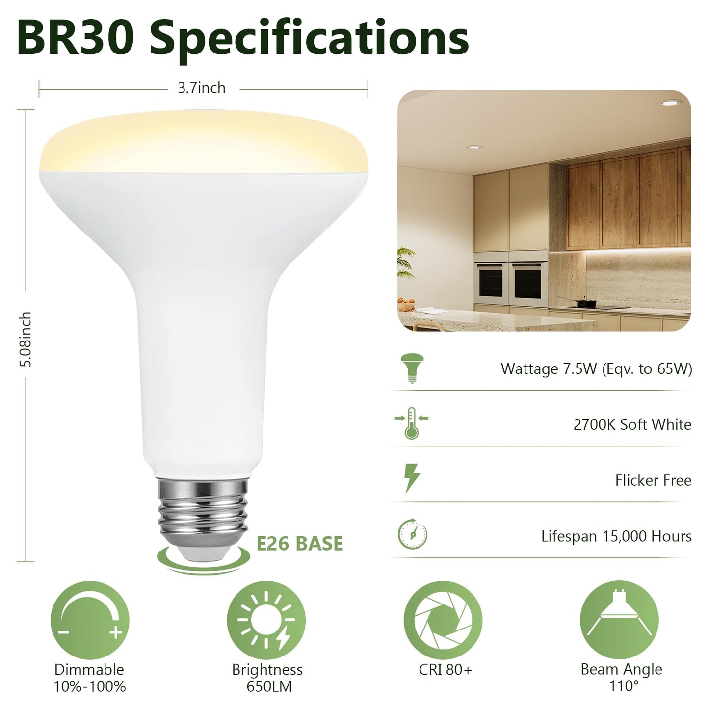Sigalux 24 Pack BR30 LED Bulbs, 7.5W (65W Equivalent), 650 Lumens, 2700K Soft White, Dimmable, 110° Beam Angle, CRI 80, E26 Base, Indoor Recessed