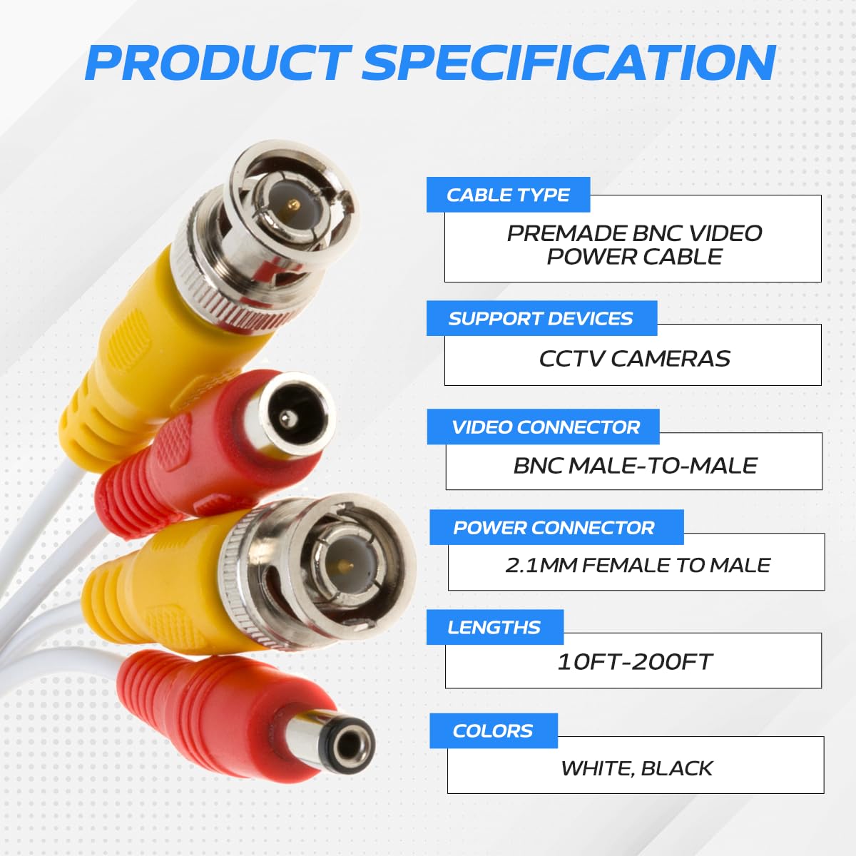 Cables Direct Online 10FT White Premade BNC Video Power Cable Extension Wire for CCTV, Security Camera, DVR, Surveillance System, All in One Plug