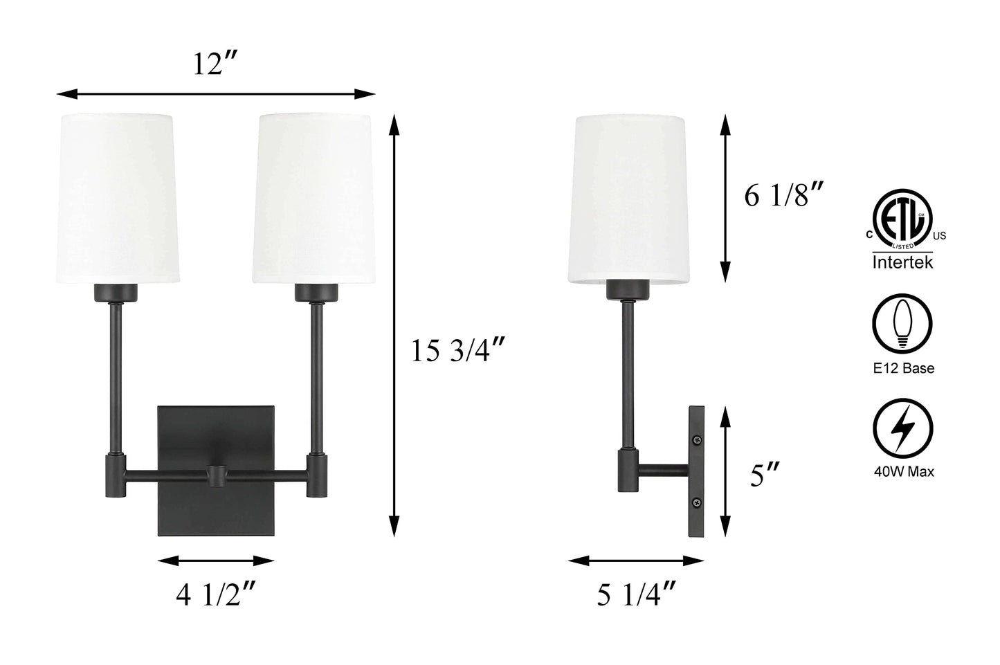 XiNBEi Lighting Wall Lamp, 2 Light Black Bedroom Wall Light with Fabric Shade for Bedside & Living Room XB-W1215-2-MB