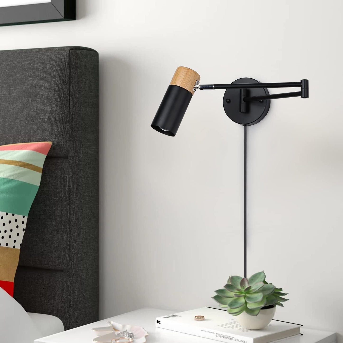 COSYLUX Modern Industrial Swing Arm Wall Lamp with Plug in Cord for Bedroom, Living Room, Office, Rotatable Lampshade Plug in Wall Sconces Light