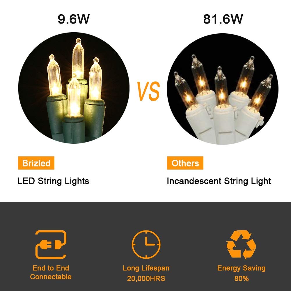 Brizled Christmas Lights Warm White, 2 Pack 33ft 100 LED Christmas String Lights, 120V UL Certified Connectable Xmas Tree Lighting Mini Xmas Light Set