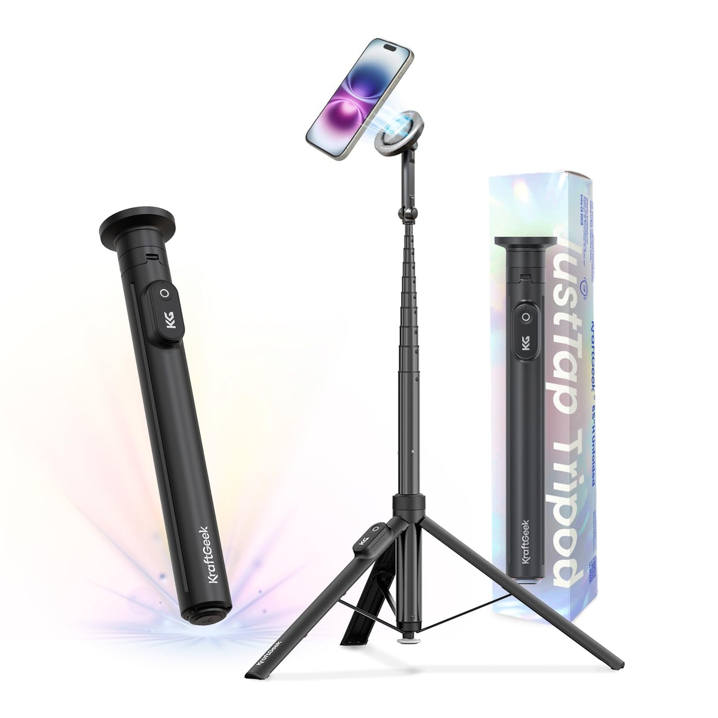 KraftGeek Magnetic Phone Tripod for iPhone MagSafe - 66'' Automatic Selfie Stick with Remote, Portable Tripod Stand for Video Recording, Travel