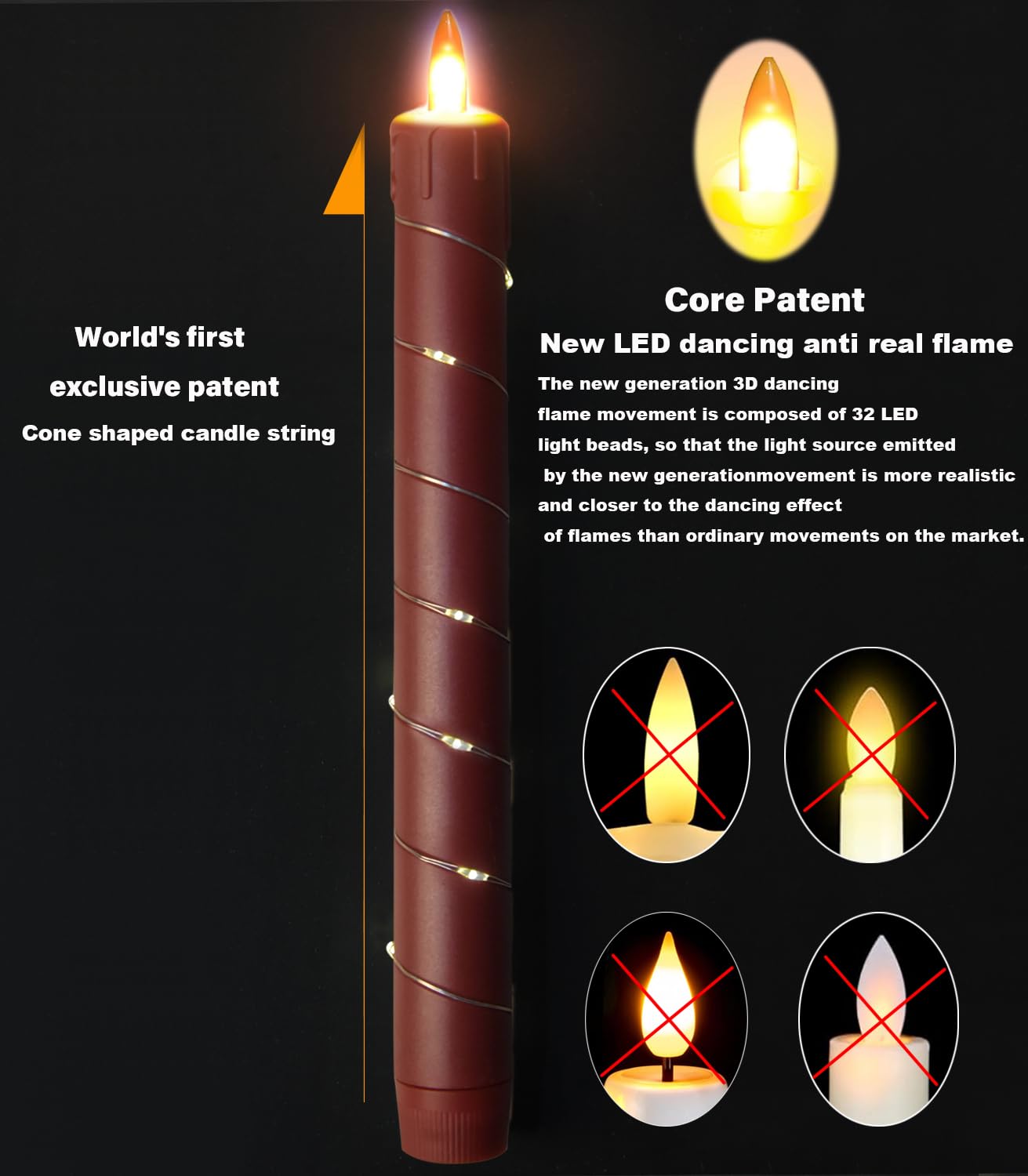 Danip Christmas red flameless Candle with String Light Window Candles with Remote Timer Battery Operated Taper Candle LED Pillar Candles Set of 6
