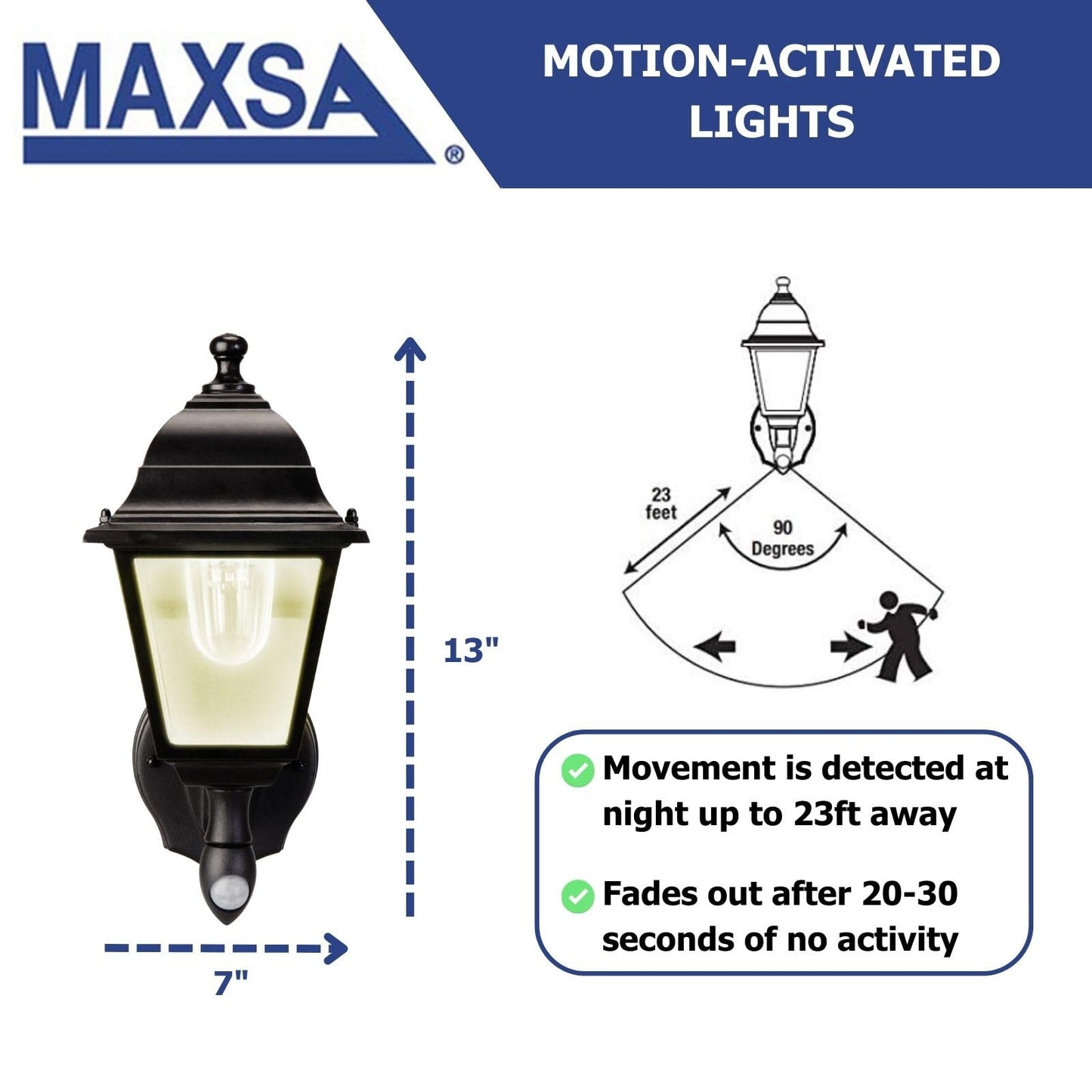 Maxsa 43319 Premium Battery-Powered Motion-Activated Decorative Outdoor Warm White LED Wall Sconce Lighting Fixture, Metal Housing, Black