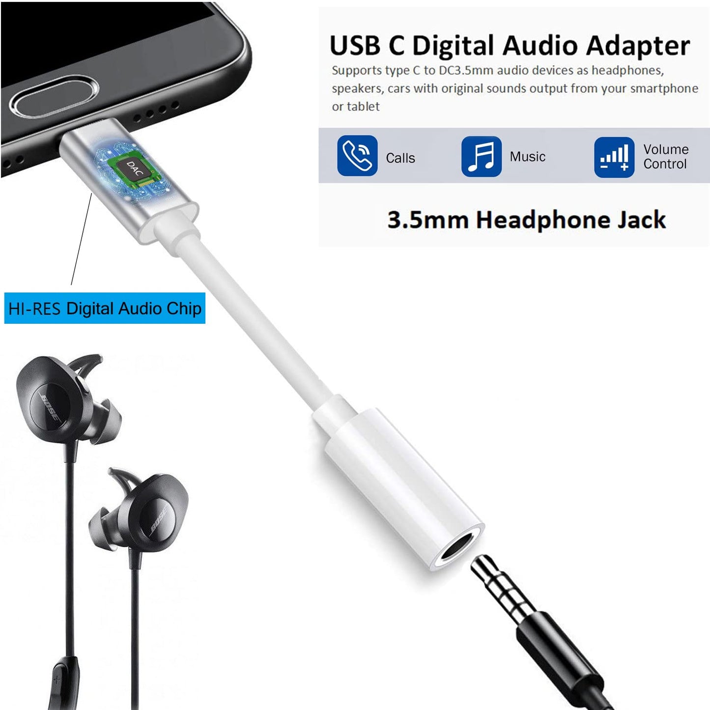 USB C to 3.5mm Headphone Jack Adapter Compatible with Pixel 6 5 4 3 2 XL, iPhone 15 Plus Pro Max, iPad Pro 2018-2022, Sony HTC Moto Samsung Galaxy S21