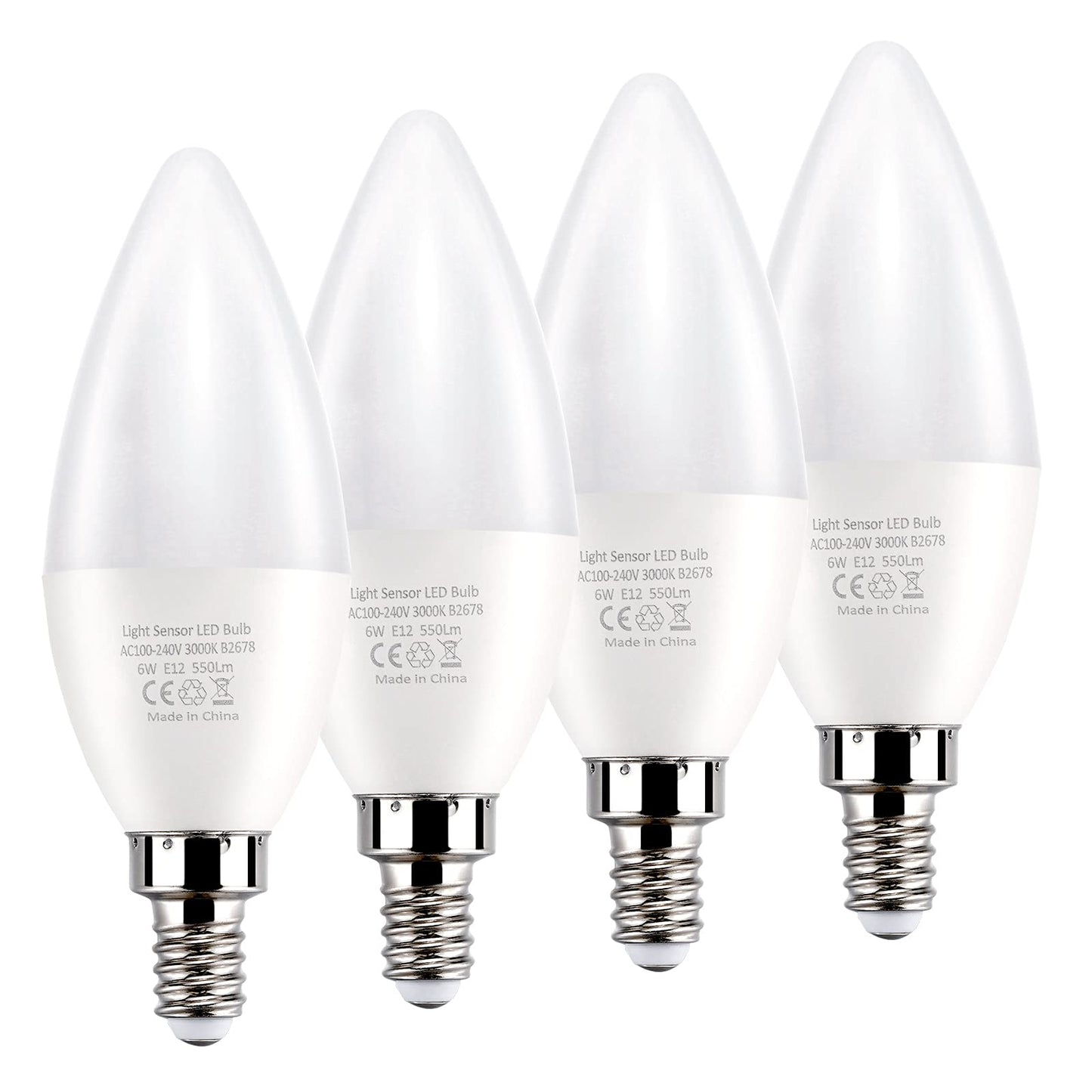 Dusk to Dawn Light Bulbs E12 Light Sensor Bulb 3000K Equivalent 60W E12 LED Candelabra Bulb,Auto On and Off for Home,Outdoor,Yard Light,Warm White (4