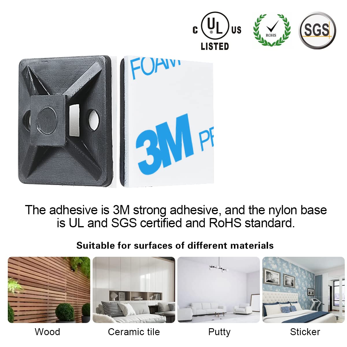 XHF 3/4" Strong Back-Glue Self Adhesive Black Cable Zip Tie Mounts 100pcs with 8" Zip Ties, Screws, UV Protection Outdoor Sticky Wire Fasteners Cable