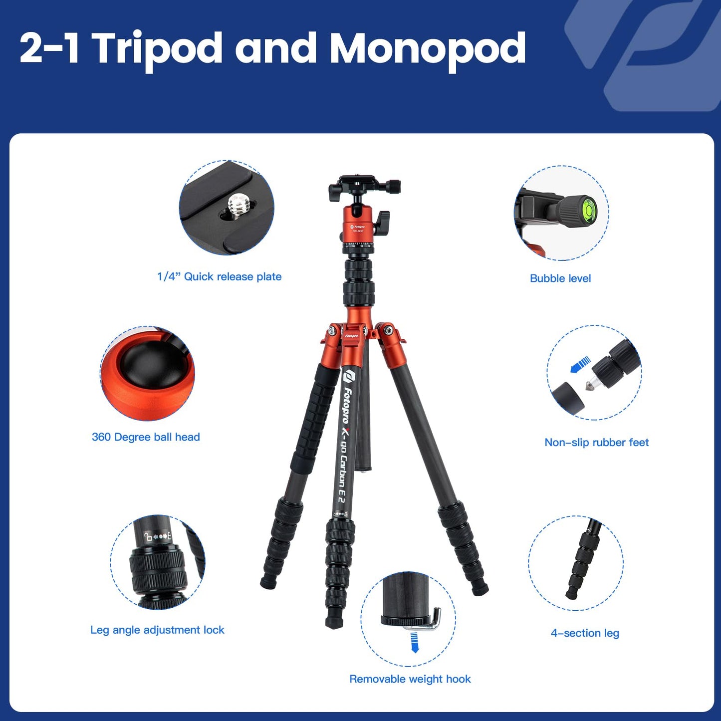 Fotopro 62" Carbon Fiber Travel Tripod, Lightweight Compact Camera Tripod with Ball Head, Detachable Monopod with Arca-Swiss Release Plate and Bag