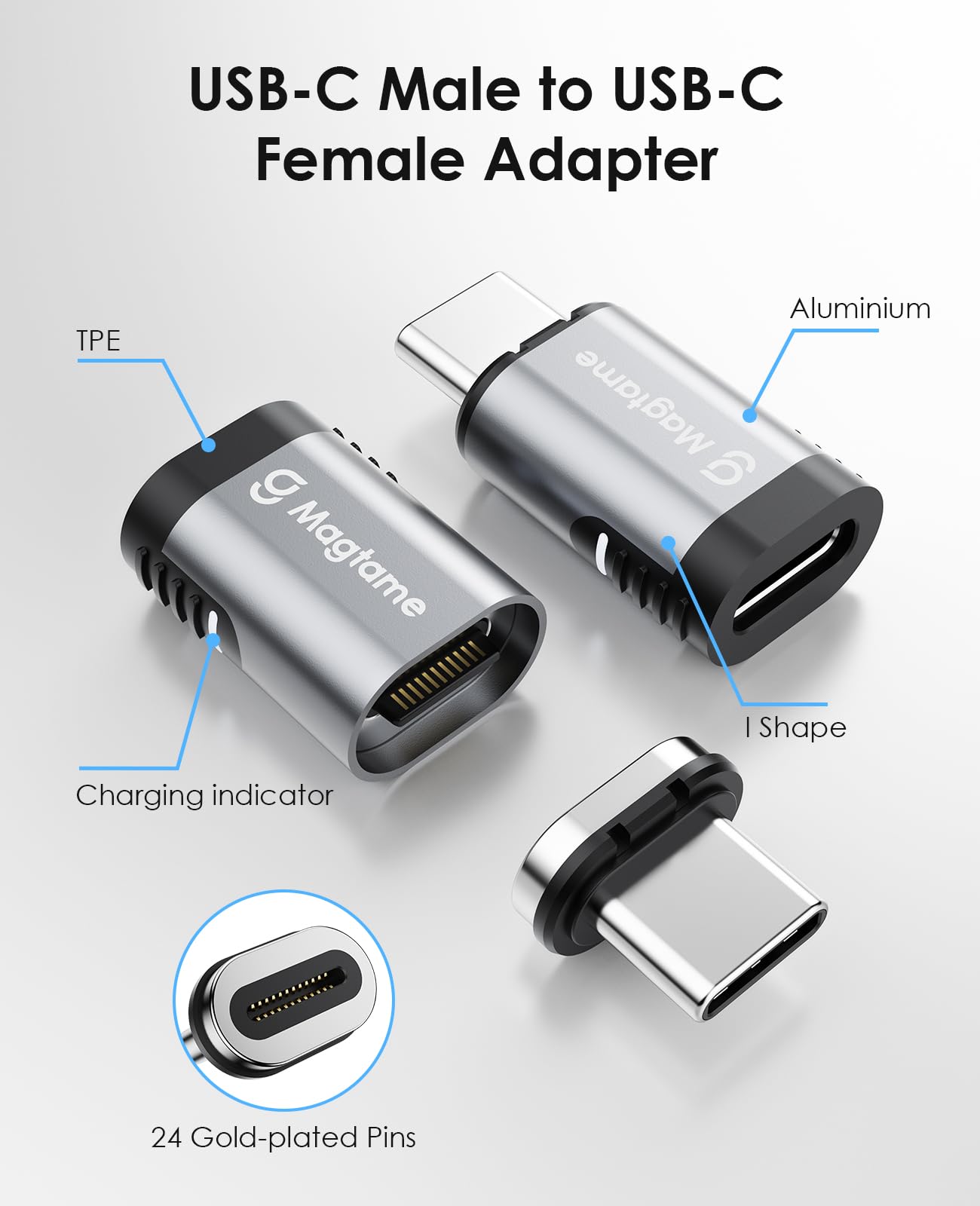 Magtame 2Pack 24Pin Magnetic USB C Adapter 240W Straight, (40Gbps and 4K Video) USB C Extender C Male to C Female Adapter, Port Protection for USB 4