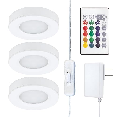 Birch Lighting Under Cabinet LED Puck Lighting Kit with 3 RGB Multicolor LED Puck Lights, Remote, On/Off Switch & Plug in 333310
