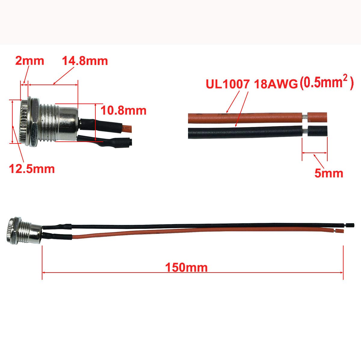 FILSHU 5.5 x 2.5 MM DC Power Jack Socket Threaded Female Mount Connector Adapter with 5.9 inch 18AWG Cable