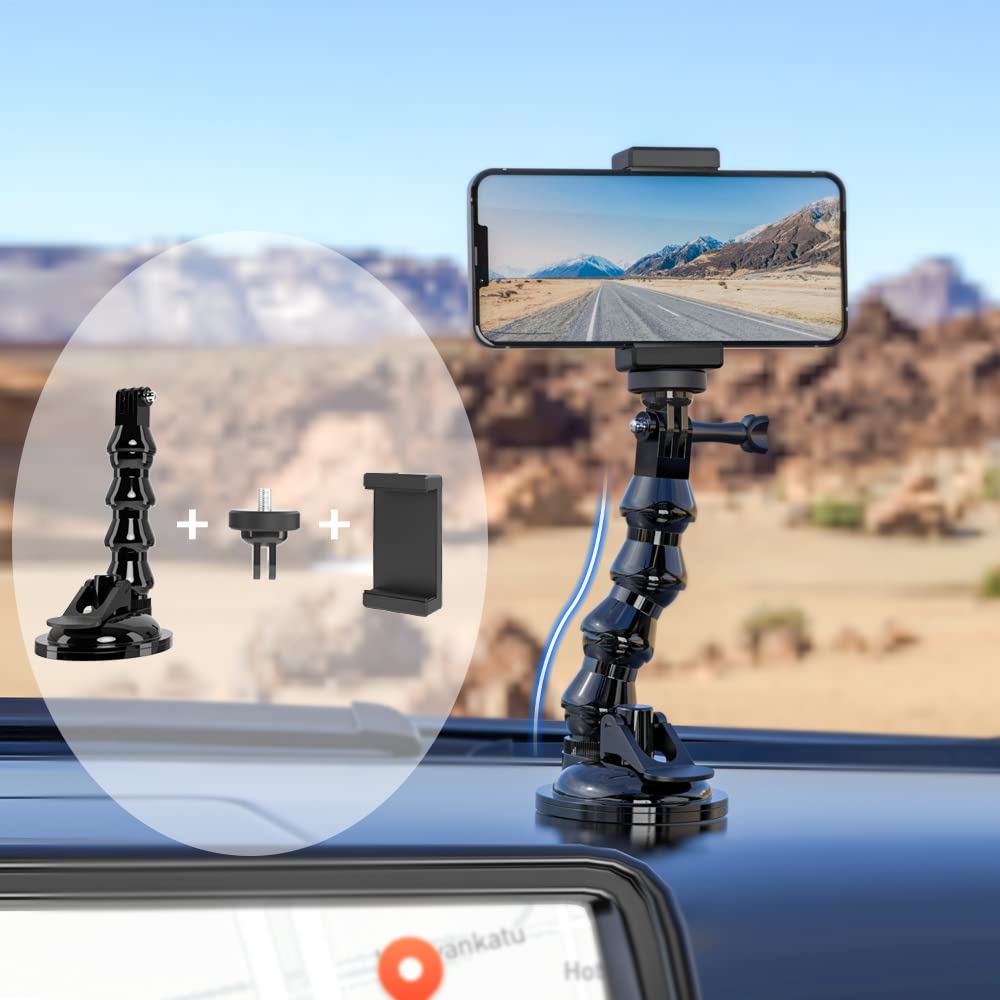 Flexible Gooseneck Extension Suction Cup Car Mount Holder with Phone Holder for Gopro Hero 13/12/11/10, DJI Osmo Action 6/5 Pro/4/3 and More Action