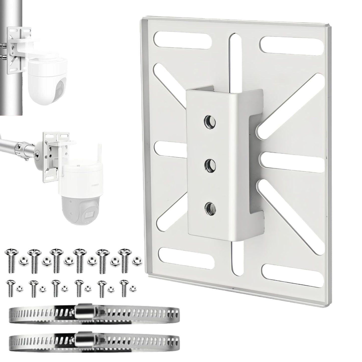 FINXRoll 4.92"x4.02" Universal CCTV Camera Mount Adapter with Hose Clamps, Pole/Pipe Mounting Plate for Security Cameras