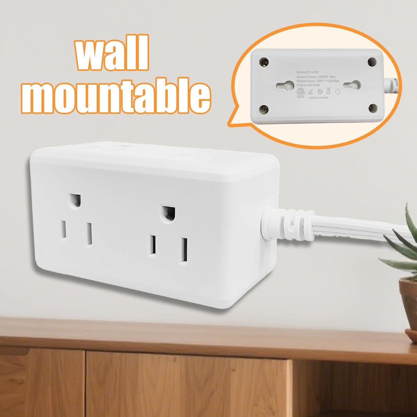 Flat Plug Power Strip 6 Outlet Extender 5FT Extension Cord Three Side Outlet Splitter Wall Mount Power Strip for Home Office Dorm Room (1PC)