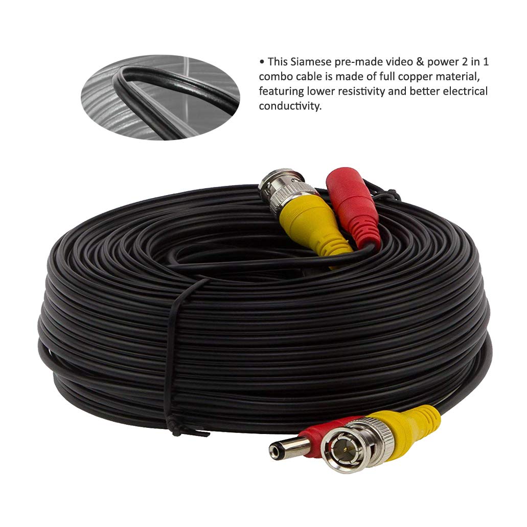 InstallerCCTV BNC Video Power Cable, 60ft All-in-One Video HD-TVI HD-CVI AHD Analog 1080p Black Premade Power Cable w/Connectors for CCTV Security