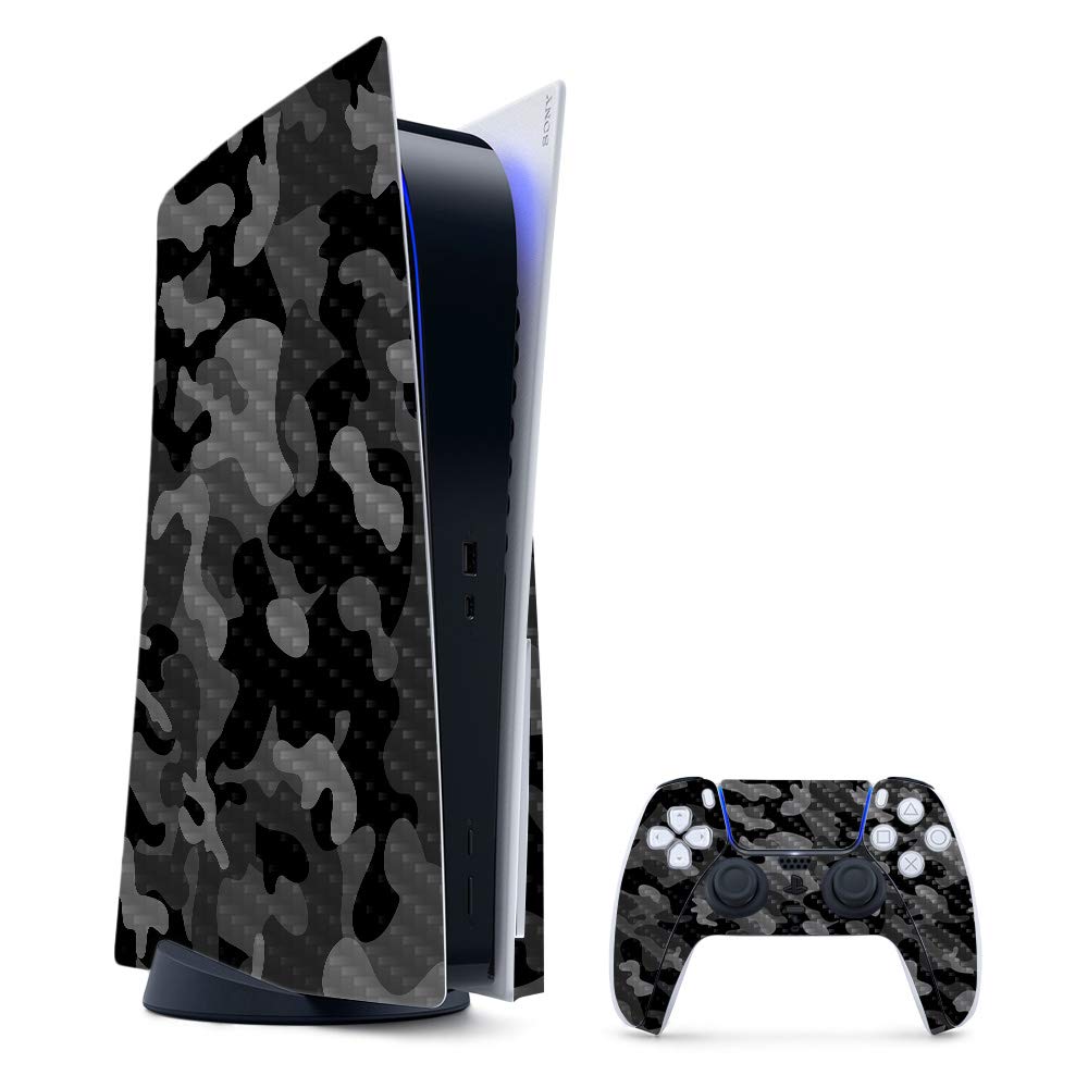 MightySkins Carbon Fiber Gaming Skin for PS5 / PlayStation 5 Bundle - Black Camo | Durable Textured Carbon Fiber Finish | Easy to Apply and Change