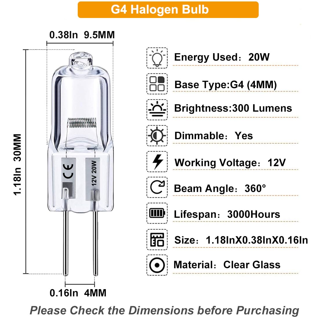Vinaco G4 Halogen Bulb 12V 20W 2800K Warm White for Cabinet Lighting