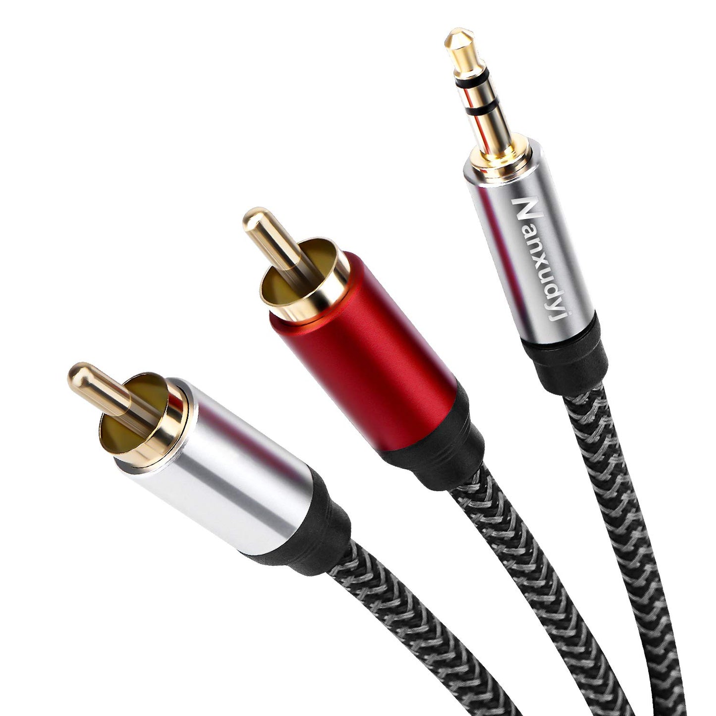 Nanxudyj 3.5mm to 2RCA Audio Cable 15ft Aux to RCA Y Splitter with Metal Shell | Case-Friendly Nylon Braided Cord for Stereo Receiver, Amplifier, Home
