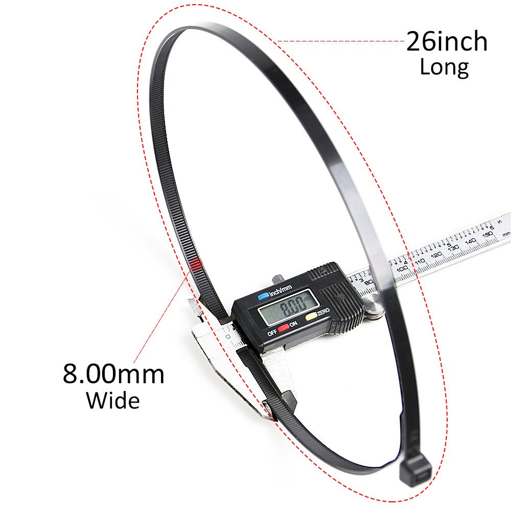 Cable Zip Ties Heavy Duty 26 Inch, Ultra Strong Plastic Wire Ties with 180 Pounds Tensile Strength, 50 Pieces, Durable Nylon Black tie Wraps, Indoor