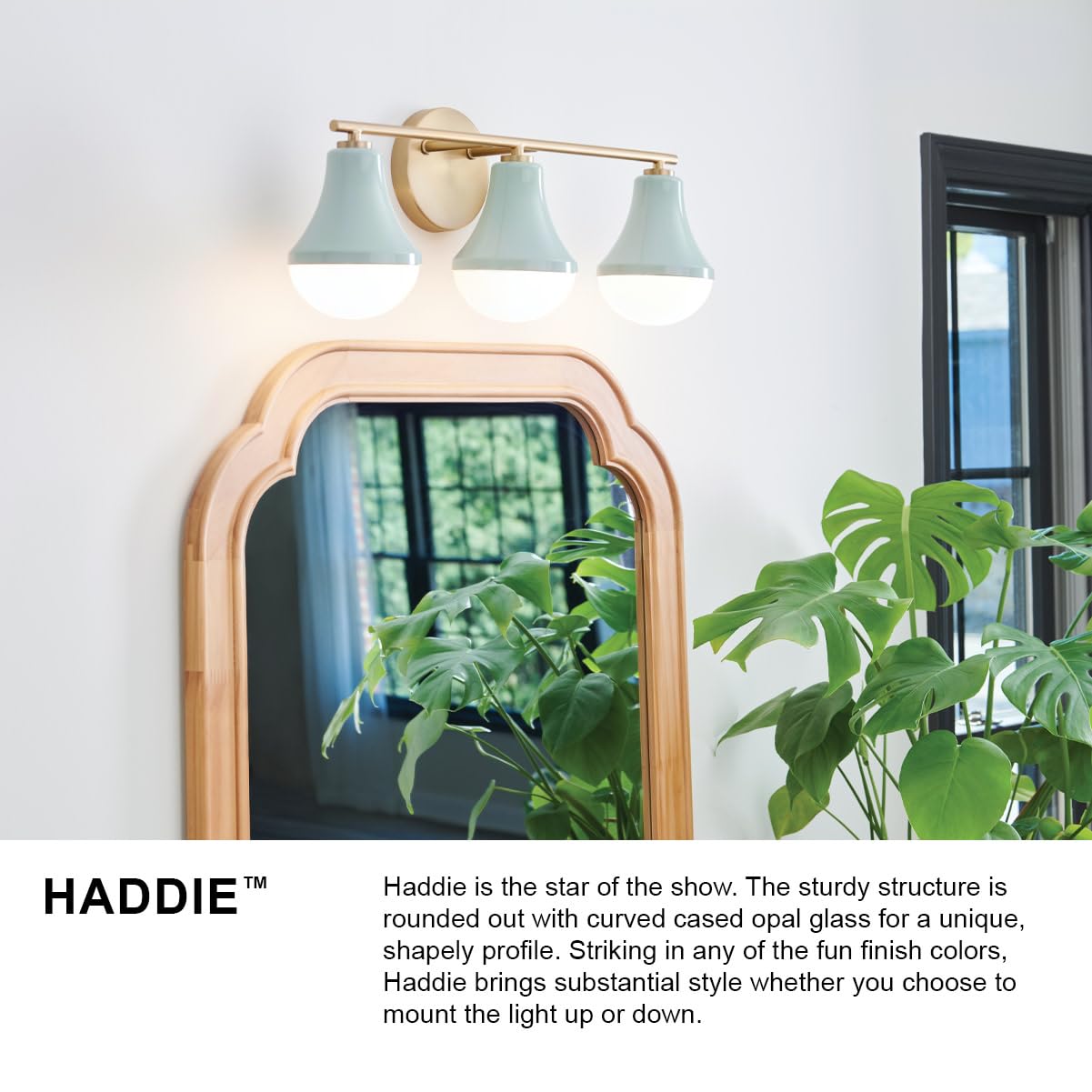 Lark Haddie Modern Bath Sconce, Single Light, Mount Up or Down, Dimmable, Seafoam and Lacquered Brass