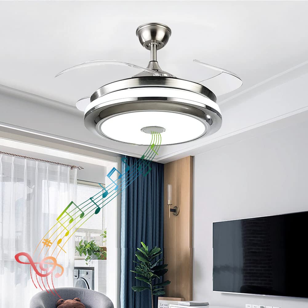 MORE CHANGE 36" Retractable Ceiling Fans with Lights and Music Speaker,Modern Bluetooth LED Chandelier Fans for Dining Room wih Remote Control 3