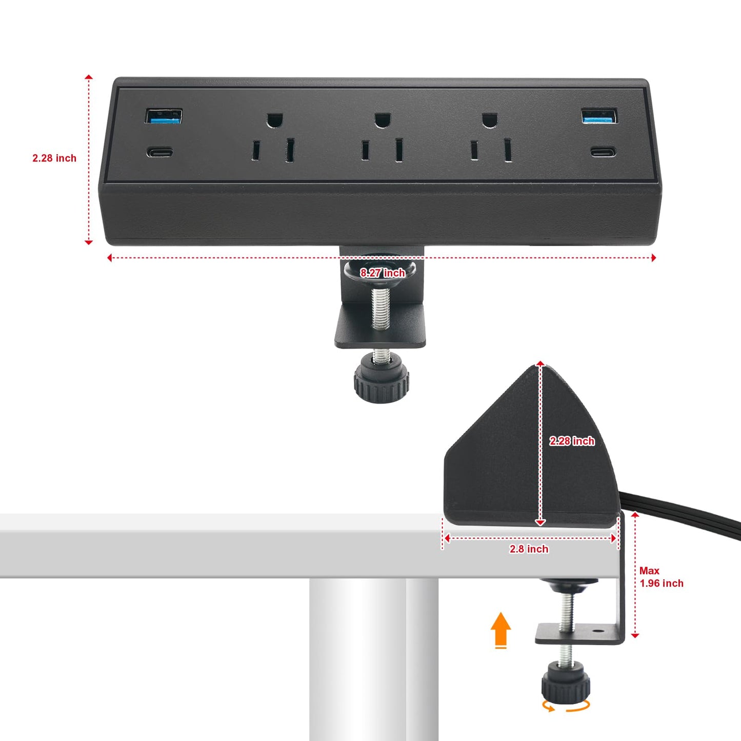 Fast Charge USB C Desk Clamp Power Strip 40W, Desktop Edge Mount 2 PD 20W USB-C Ports&2 QC 18W USB A Ports 3 Outlets Flat Plug for Home Office School