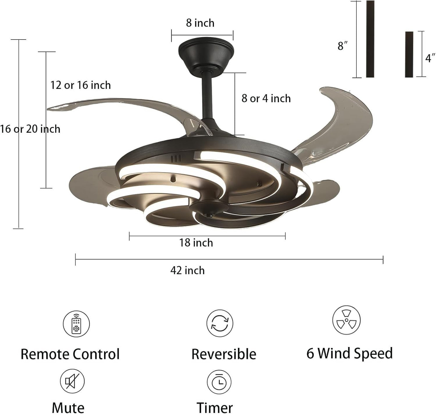 inrichifeir 42" Retractable Ceiling Fan with Lights Modern Fandelier Fan Light with Remote Bladeless Fan Ceiling Light for Bedroom Living Room 6 Speed