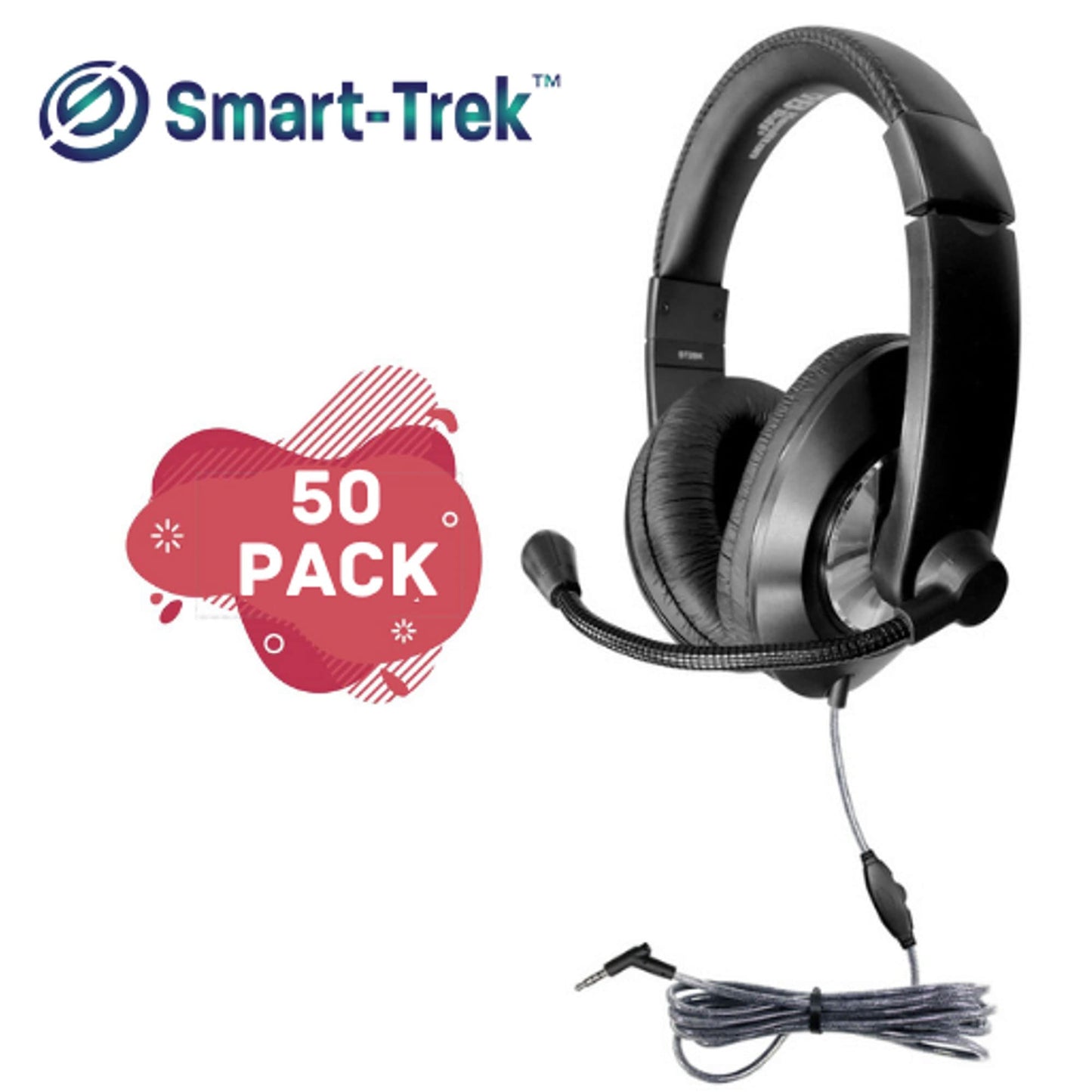 HamiltonBuhl Smart‑Trek Deluxe Over‑Ear Stereo Headsets 50‑Pack, Noise‑Canceling Mic, In‑Line Volume Control, 3.5mm Plug, Leatherette Cushions…