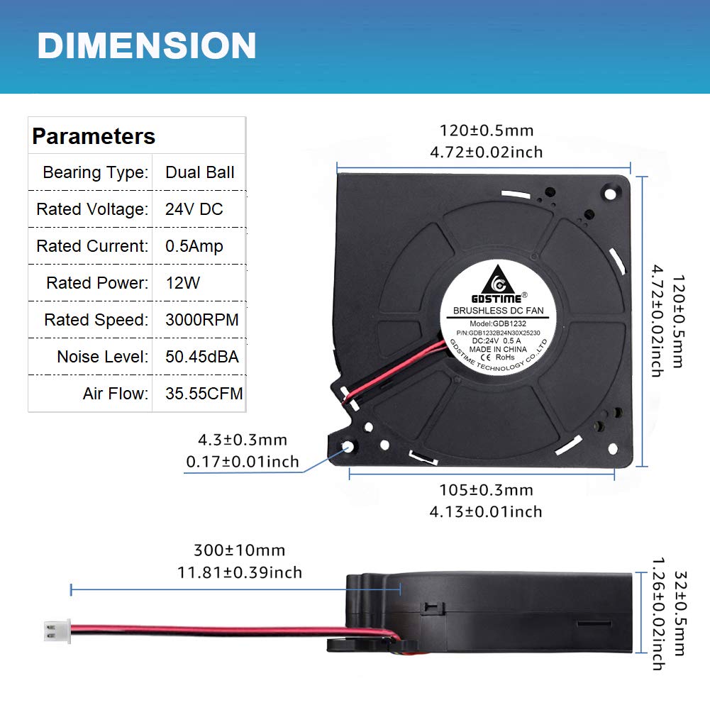 GDSTIME Brushless Radial Blower Fan High Speed 24V DC Centrifugal Fan 120mm x120mm x 32mm