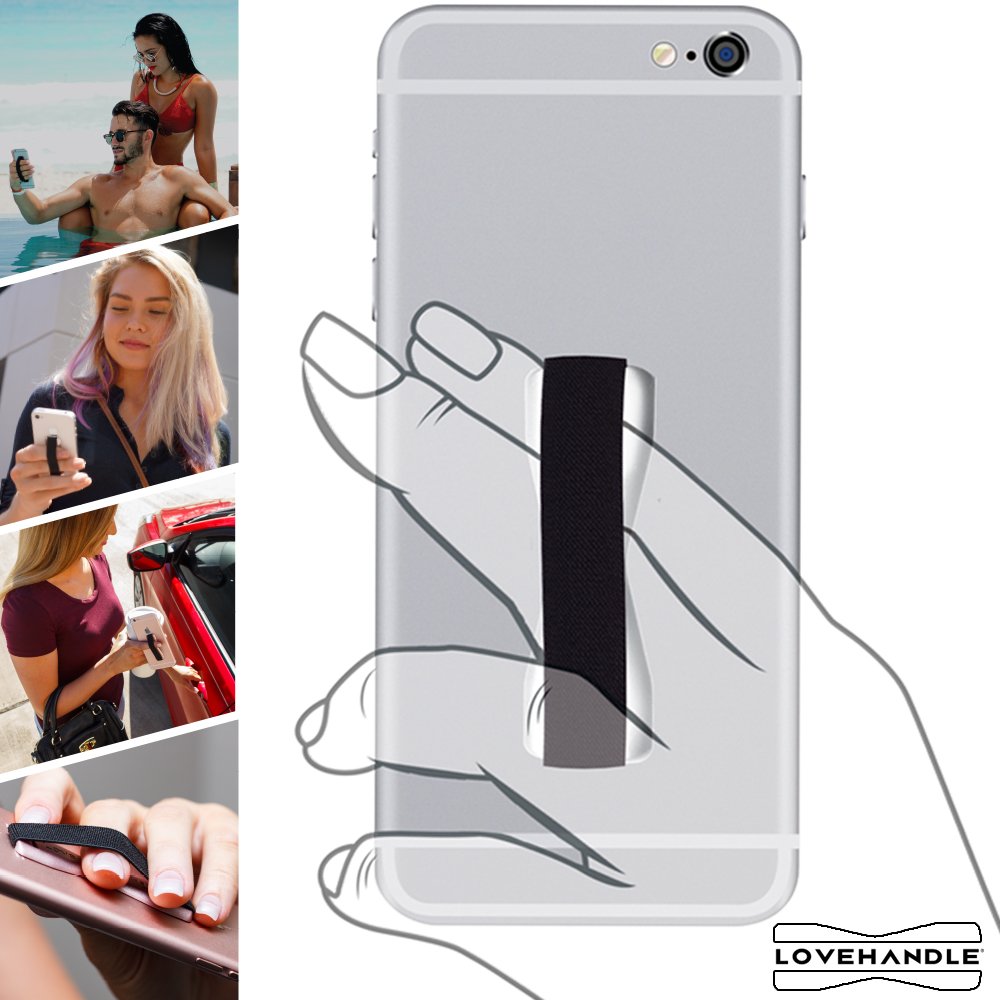 LOVEHANDLE Universal Phone Grip for Most Smartphones, Mini Tablets and Cases, Black Elastic Strap with White Base, LH-01White