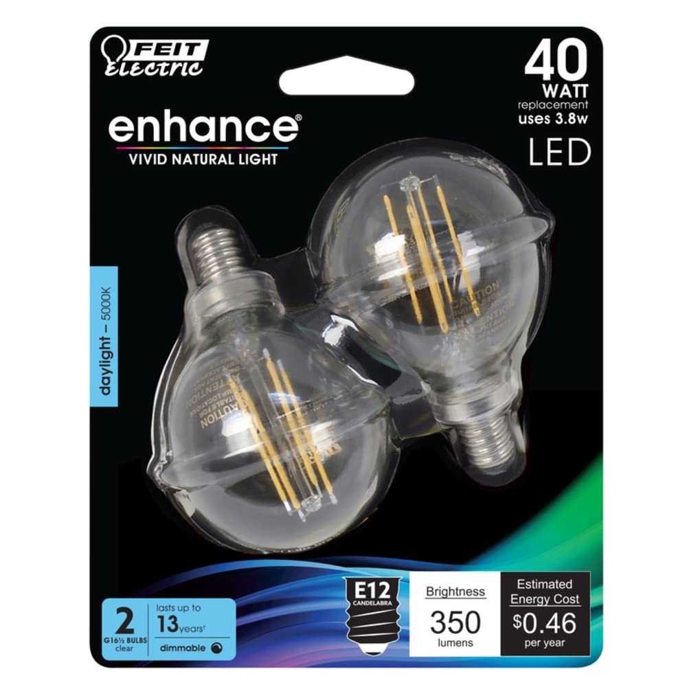 Feit Electric 40-Watt Equivalent G16.5 Candelabra Dimmable Filament LED Energy Star Clear Glass Light Bulb, Daylight (2-
