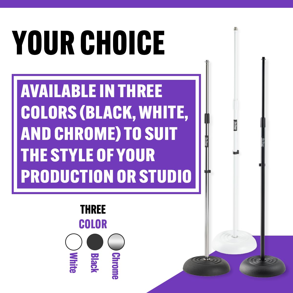 On-Stage MS7201W Round-Base Mic Stand (Supports Dynamic and Condenser Microphones, Height Adjustable 33"-60", Standard 5/8"-27 Threading, 7 lb, 10"