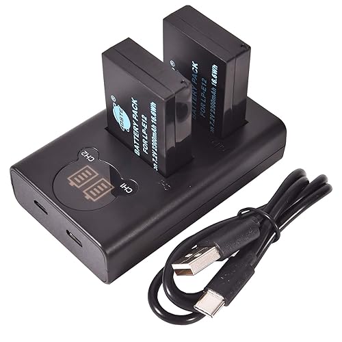 DSTE 2-Pack LPE12 LP-E12 Battery and Dual LCD Battery Charger Compatible with Canon EOS M, EOS M2, EOS M10, EOS M50, EOS M50 Mark II, EOS M100, EOS