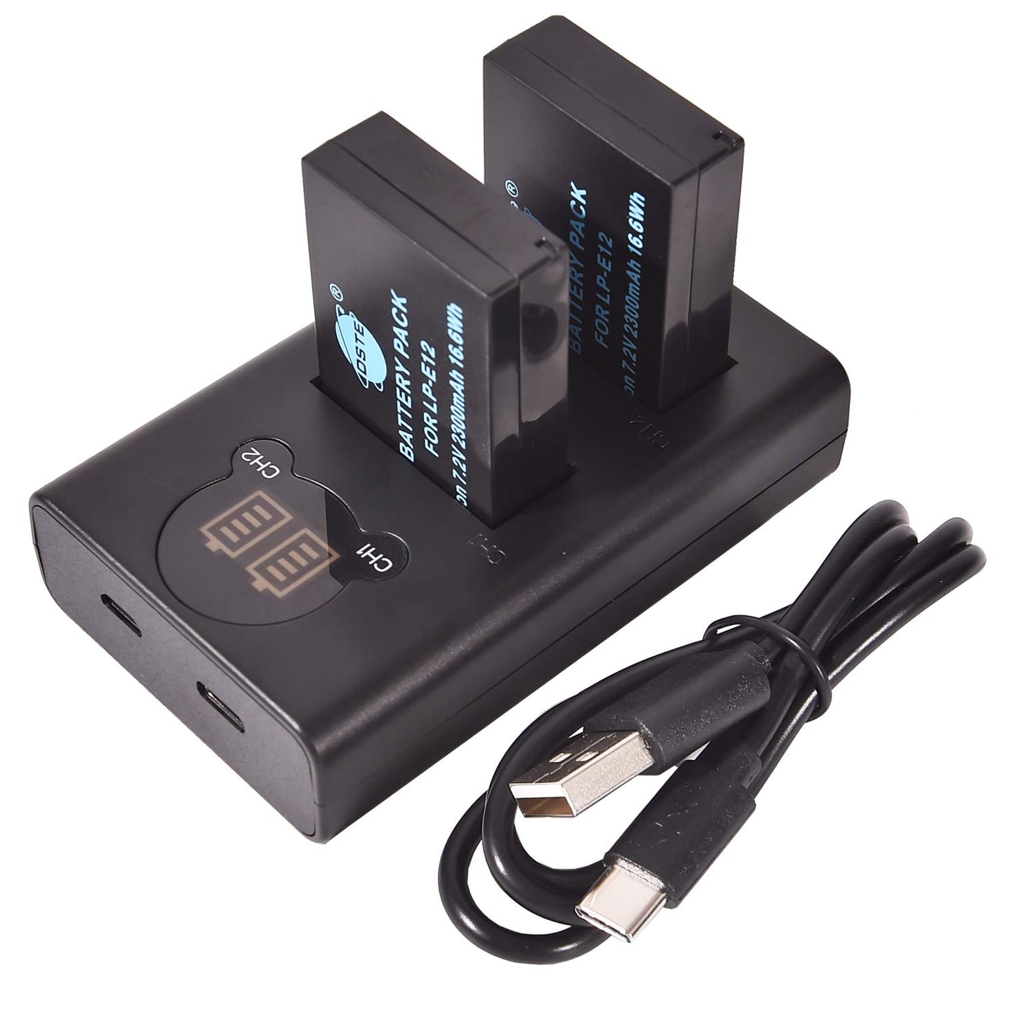 DSTE 2-Pack LPE12 LP-E12 Battery and Dual LCD Battery Charger Compatible with Canon EOS M, EOS M2, EOS M10, EOS M50, EOS M50 Mark II, EOS M100, EOS