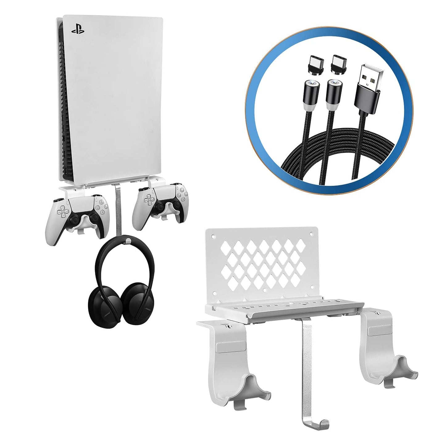 Hosanwell PS5 Wall Mount, PS5 Wall Mount Kit with 2 Detachable Controller Holder and Headphone Mount, Solid Metal with Accessories Easy