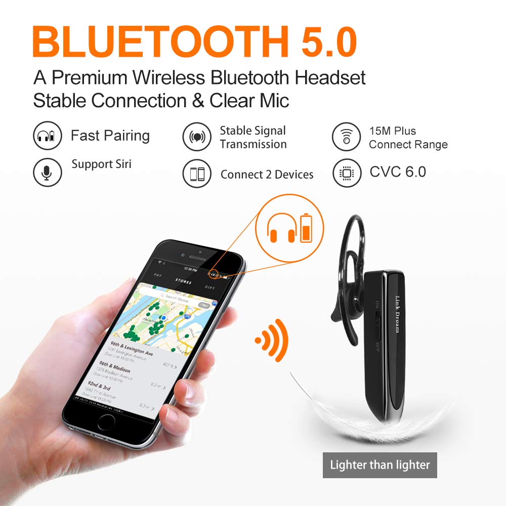 Link Dream Bluetooth Earpiece for Cell Phones Wireless V5.0 Hands Free Headset Noise Canceling Mic 24Hrs Talking 1440Hrs Standby Compatible