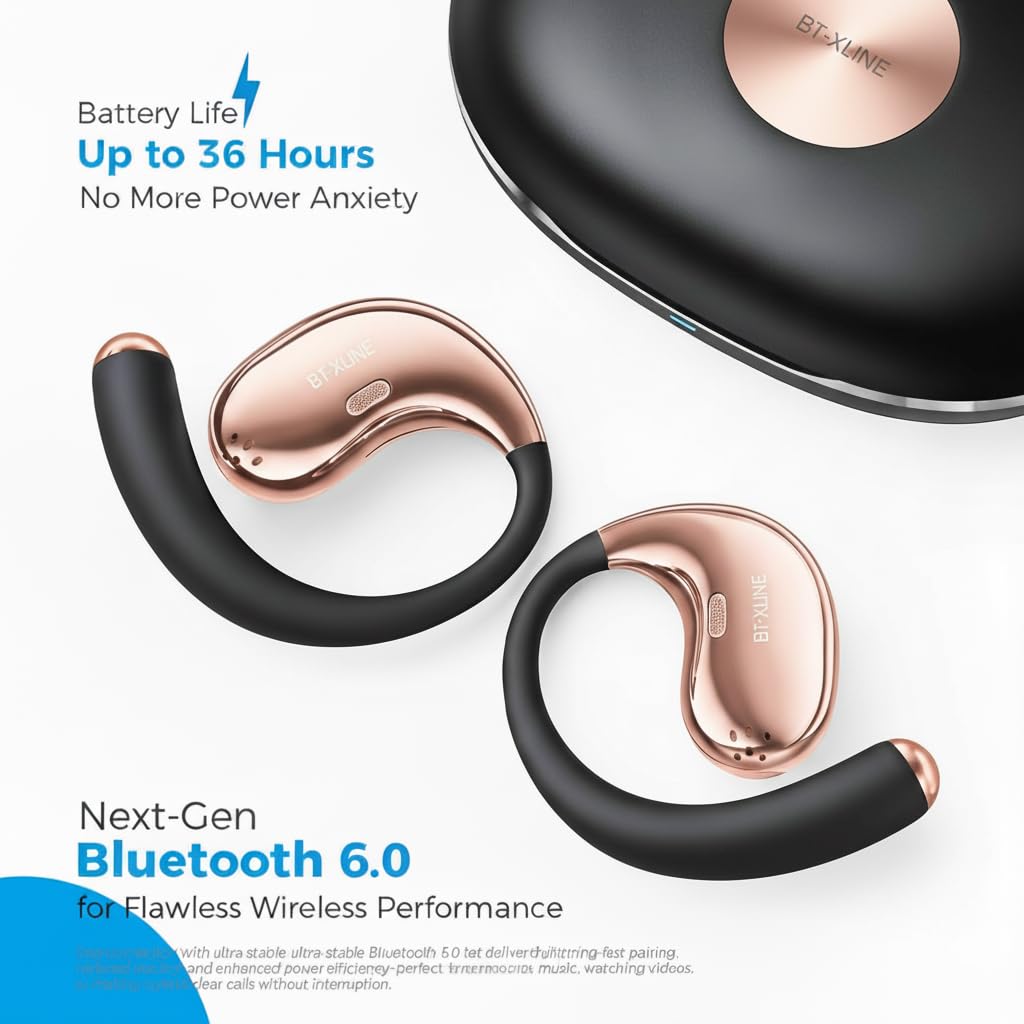 Micool Open Ear Headphones Bluetooth 6.0, Clip On Earbuds Wireless with 36H Playtime, Noise Cancelling Sports Headphones (Black with Rosegold Frame)