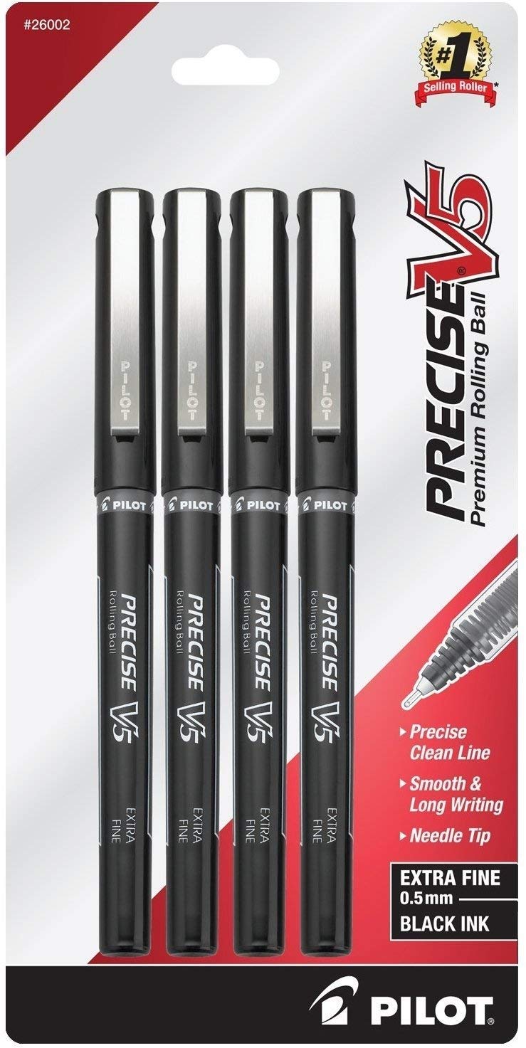 Pilot Precise V5 Stick Liquid Ink Rolling Ball Stick Pens, Extra Fine Point (0.5mm) Black Ink Pens, 4-Pack