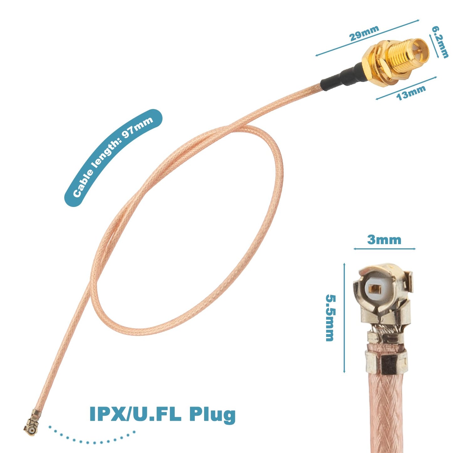 Kaunosta U.FL/MHF1 Cable (12inch 2-Pack) MHF1 to RP-SMA Female Bulkhead RG178 Cable for MHF1 (U.FL) Mini PCI-E Interface Mini PCIe Cards WiFi