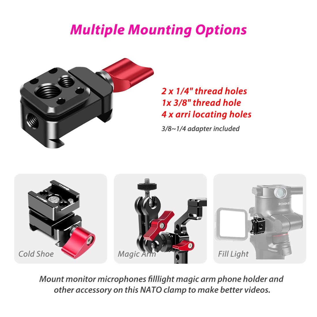 Akeipho Adjustable NATO Rail Clamp Adapter for DJI RS3 Pro / Mini / RSC2, Camera Cage NATO Clamp with 3/8" 1/4" Holes & ARRI Locating Pins