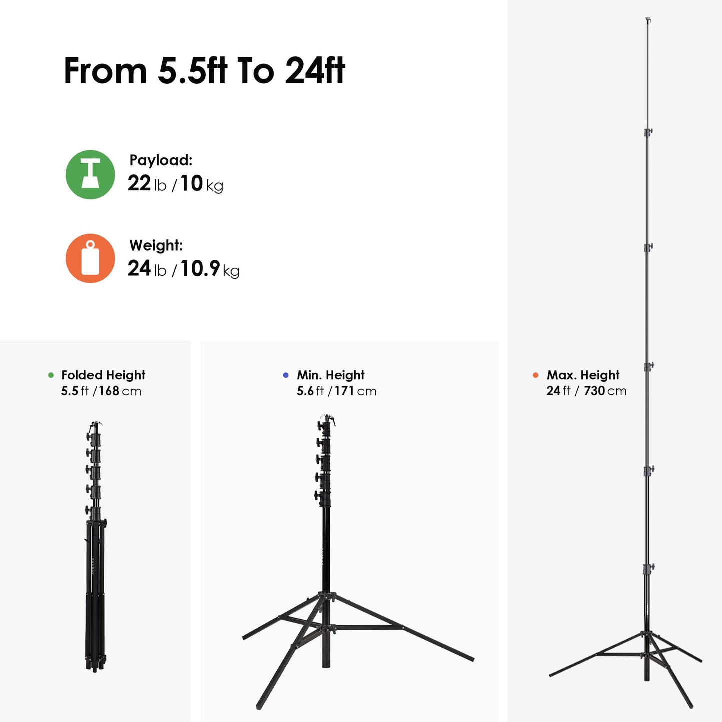 RAUBAY 24' Tall Tripod Stand, Extreme Tall Heavy Duty Sports Camera Video Tripod, Spring Telescoping Aluminium Alloy Large Light Stand with 1/4"& 3/8"