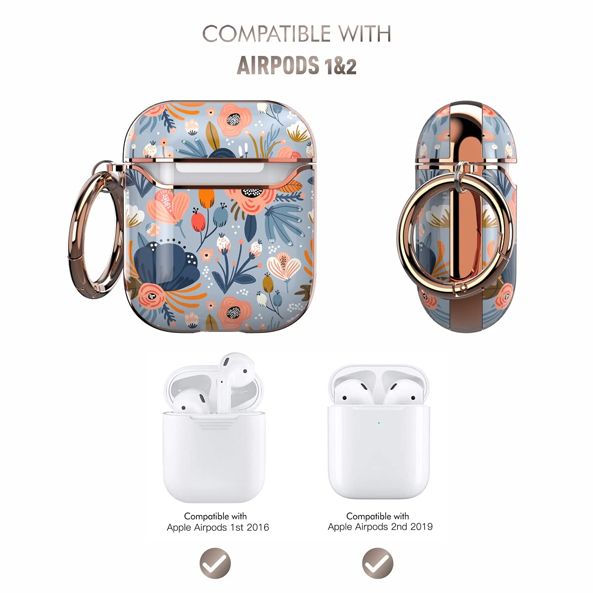 wenew for AirPod Case, Flower AirPods Hard Case Cover with Keychain for Women Men, AirPod 1st & 2nd Generation case (Blue)